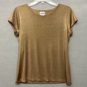 VTG Chico's Travelers Top Women's 1 Gold Liquid Knit Stretch Shiny Short Sleeve